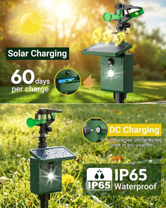 Alt view image 4 of 7 - Motion-Activated Sprinkler, Solar Animal Repellent Outdoor - 2 Pack Deer Cat Deterrent with Motion Sensor & Flashing Lights, Protects Yard & Garden from Deer, Cats, Raccoons