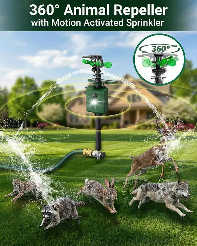 Alt view image 2 of 7 - Motion-Activated Sprinkler, Solar Animal Repellent Outdoor - 2 Pack Deer Cat Deterrent with Motion Sensor & Flashing Lights, Protects Yard & Garden from Deer, Cats, Raccoons