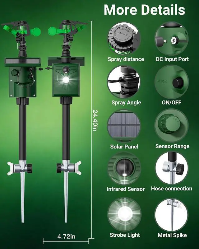 Alt view image 7 of 7 - Motion-Activated Sprinkler, Solar Animal Repellent Outdoor - 2 Pack Deer Cat Deterrent with Motion Sensor & Flashing Lights, Protects Yard & Garden from Deer, Cats, Raccoons