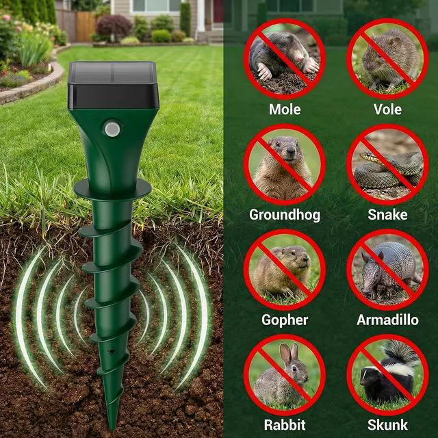 Alt view image 2 of 7 - 8 Pack Mole Repellent Solar Powered, Gopher Repellent Ultrasonic Stakes for Lawns, IP65 Waterproof Mole Deterrent for Yard, Outdoor Rodent Control for Groundhog, Vole, Armadillo, Chipmunk, Snake