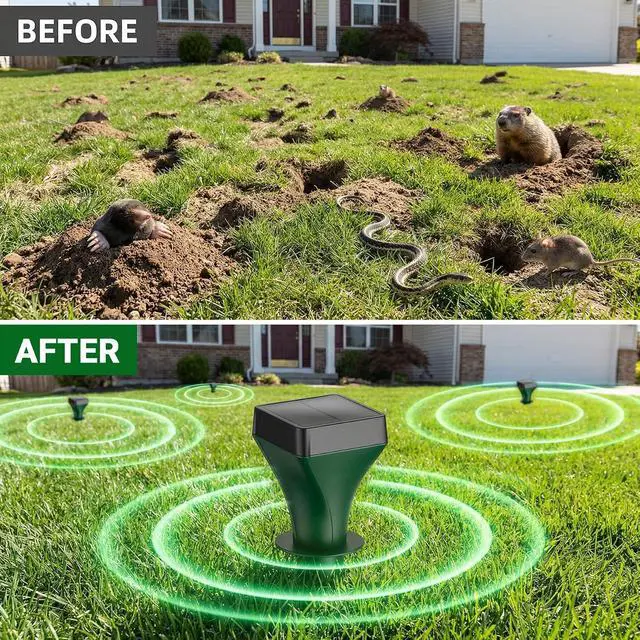 Alt view image 6 of 7 - 8 Pack Mole Repellent Solar Powered, Gopher Repellent Ultrasonic Stakes for Lawns, IP65 Waterproof Mole Deterrent for Yard, Outdoor Rodent Control for Groundhog, Vole, Armadillo, Chipmunk, Snake
