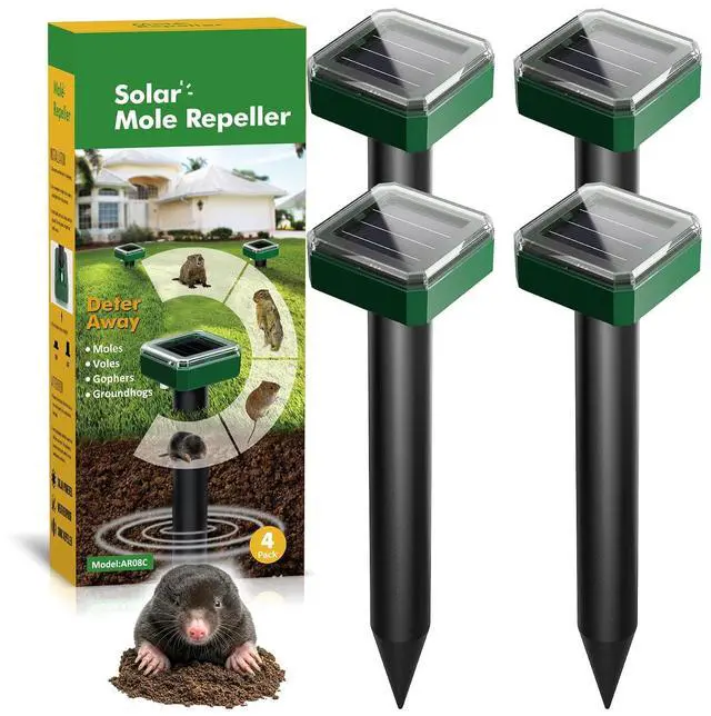 Main image of 4 Packs Solar Mole Repellent, 2026 Upgraded Ultrasonic Gopher Deterrent Stakes, IP65 Waterproof Sonic Vole Groundhog Snake Control for Lawn Garden Yard Farm