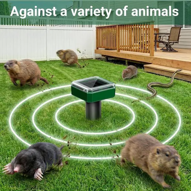 Alt view image 2 of 7 - 4 Packs Solar Mole Repellent, 2026 Upgraded Ultrasonic Gopher Deterrent Stakes, IP65 Waterproof Sonic Vole Groundhog Snake Control for Lawn Garden Yard Farm