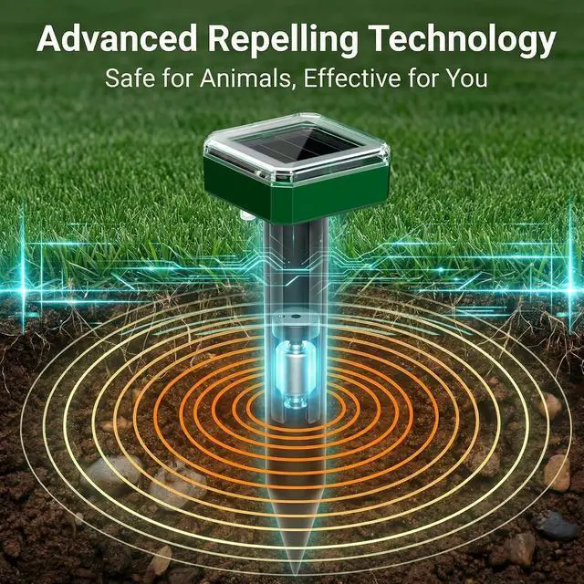Alt view image 3 of 7 - 4 Packs Solar Mole Repellent, 2026 Upgraded Ultrasonic Gopher Deterrent Stakes, IP65 Waterproof Sonic Vole Groundhog Snake Control for Lawn Garden Yard Farm