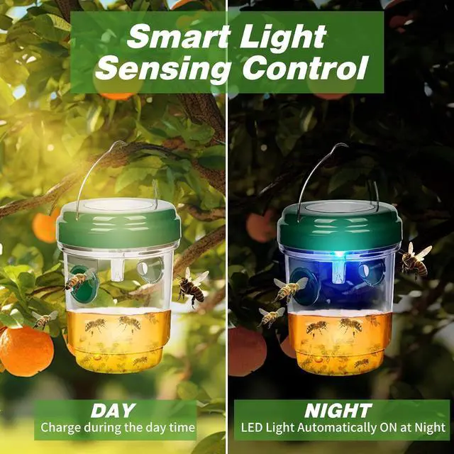 Alt view image 4 of 7 - Wasp Traps Outdoor Hanging, Solar Bee Trap 4 Packs, 2026 Upgrade Wasp Deterrent Killer, Carpenter bee Catcher for Outside, Flying Insect Traps Reusable Yellow Jacket Hornet Catchers with LED Light