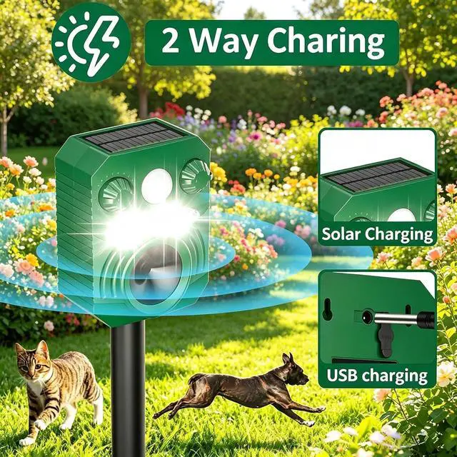 Alt view image 3 of 7 - 2 Pack Cat Repellent Outdoor Deer Repellent Device Dog Repeller Solar Animal Repellent Ultrasonic Squirrel Repeller Waterproof Racoon Fox with Motion Activated Sensor Flashing Light (Green)