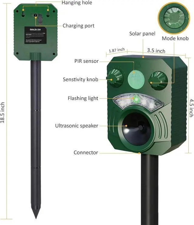 Alt view image 5 of 7 - 2 Pack Cat Repellent Outdoor Deer Repellent Device Dog Repeller Solar Animal Repellent Ultrasonic Squirrel Repeller Waterproof Racoon Fox with Motion Activated Sensor Flashing Light (Green)