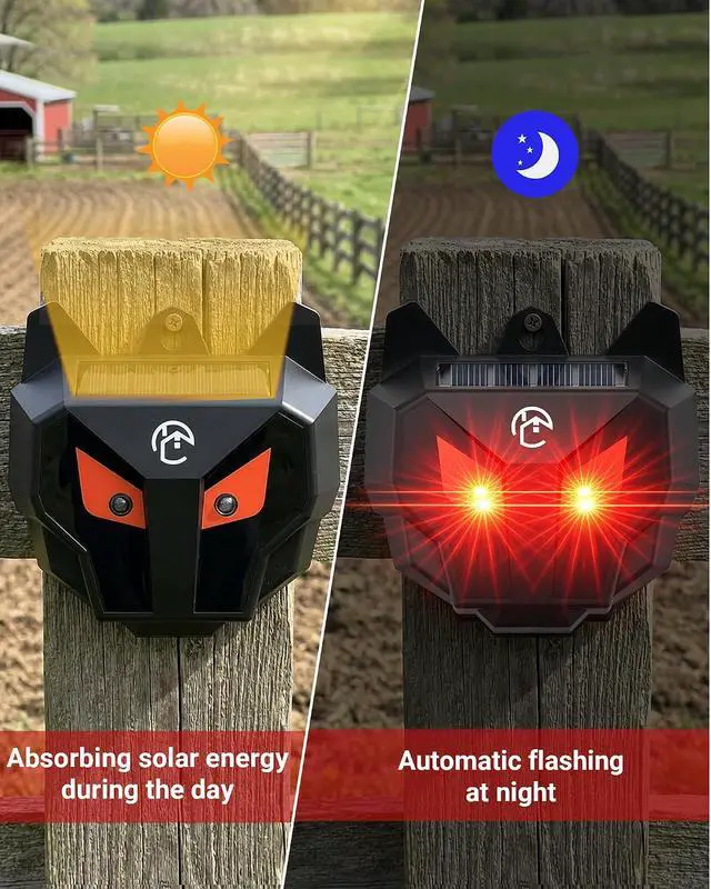 Alt view image 4 of 7 - Solar Coyote Deterrent Predator Lights - Nocturnal Animal Repeller with Red LED Flashing Lights for Chicken Coop, Yard & Garden Protection Against Raccoons, Foxes, Deer, Skunks, Hawks
