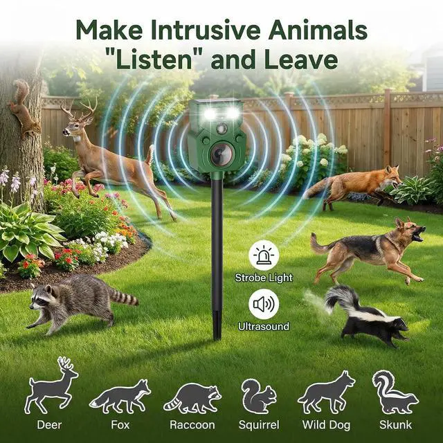 Alt view image 2 of 7 - Ultrasonic Deer Repellent Devices 2 Packs, Solar Animal Repeller with Motion Sensor & LED Lights, Waterproof Cat Deterrent Outdoor, Effective Repel Deer, Coyote, Raccoon, and Dog for Garden