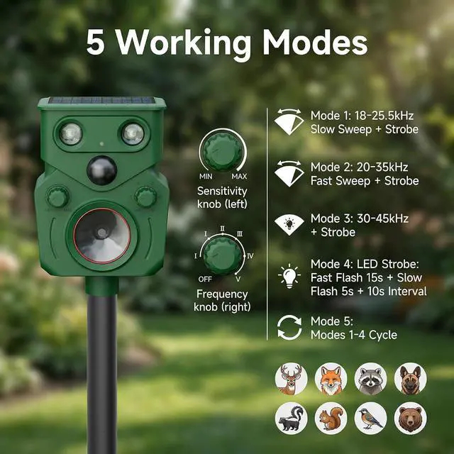 Alt view image 3 of 7 - Ultrasonic Deer Repellent Devices 2 Packs, Solar Animal Repeller with Motion Sensor & LED Lights, Waterproof Cat Deterrent Outdoor, Effective Repel Deer, Coyote, Raccoon, and Dog for Garden