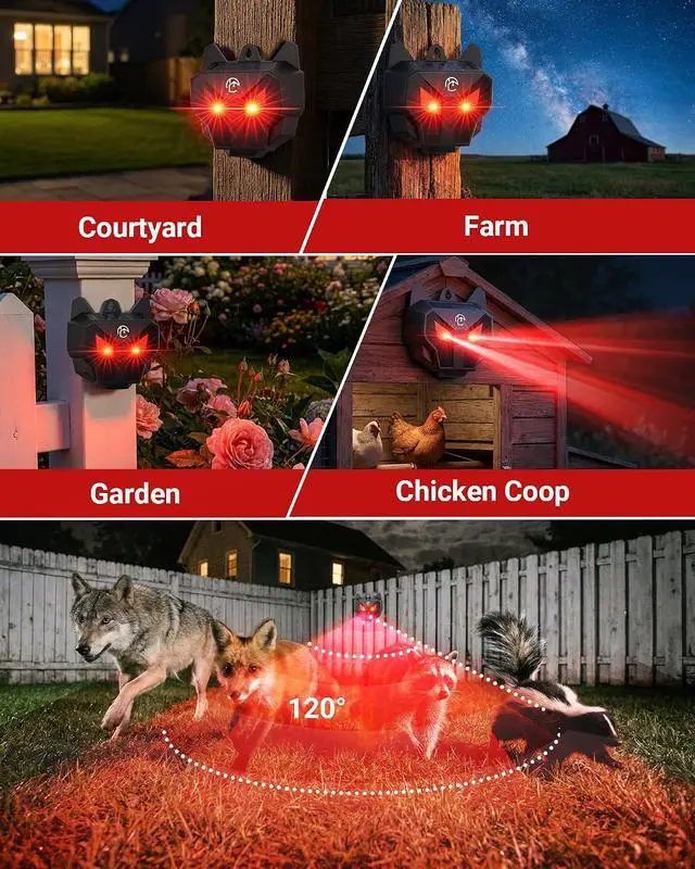 Alt view image 6 of 7 - Solar Coyote Deterrent Predator Lights - Nocturnal Animal Repeller with Red LED Flashing Lights for Chicken Coop, Yard & Garden Protection Against Raccoons, Foxes, Deer, Skunks, Hawks