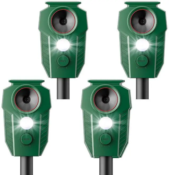 Main image of Solar Ultrasonic Deer Repellent 4-Pack, Motion Sensor, Waterproof Outdoor | Motion-Activated Ultrasonic Protection. Solar Powered with Flashing LED Lights. Helps Deter Deer, Cats & Other Wildlife.