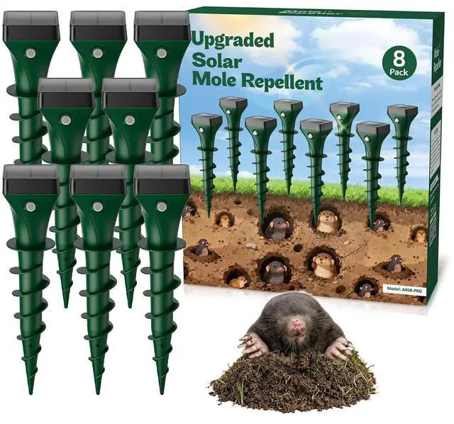 Main image of Mole Repellent Solar Powered, 8 Pack Gopher Repellent Ultrasonic for Lawns, IP65 Waterproof Mole Deterrent for Yard, Outdoor Pest Control for Groundhog, Vole, Armadillo, Chipmunk, Snake