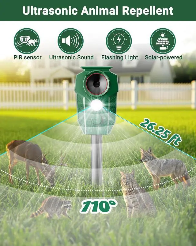 Alt view image 3 of 7 - Solar Deer Repellent Devices Outdoor - Ultrasonic Animal Repellent with Motion Sensor & Strobe Lights, 4 Pack Waterproof Cat Repellent Outdoor, Repels Raccoon, Coyote for Garden & Lawn