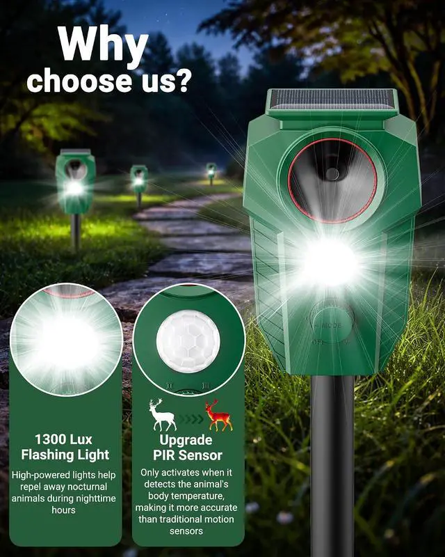 Alt view image 4 of 7 - Solar Deer Repellent Devices Outdoor - Ultrasonic Animal Repellent with Motion Sensor & Strobe Lights, 4 Pack Waterproof Cat Repellent Outdoor, Repels Raccoon, Coyote for Garden & Lawn
