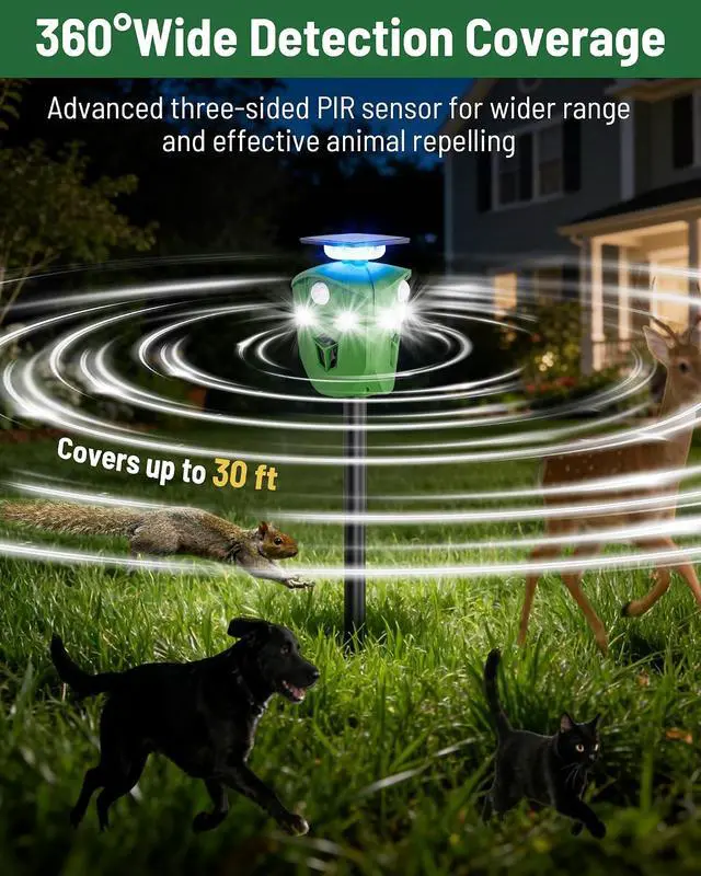 Alt view image 3 of 7 - 360° Solar Animal Repellent for Yard & Garden No Blind Spot Motion Sensor to Keep Deer, Raccoons & Cats Away, Waterproof Ultrasonic & Flashing Light Outdoor Deer Deterrent (1, Black Green)