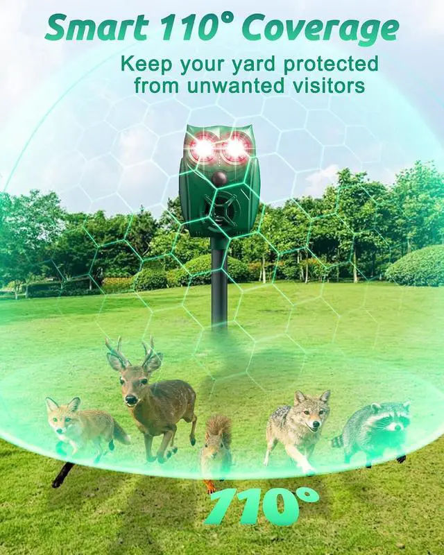 Alt view image 5 of 7 - Solar Animal Repellent Ultrasonic Deer Deterrent - 2 Pack Waterproof Adjustable Large Solar Panel with Power Indicator, Motion Sensor & Outdoor Animal Repeller to Deter Cat, Coyote, Raccoon