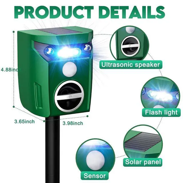 Alt view image 2 of 7 - Solar Ultrasonic Animal Repeller, Deer Repellent Devices with LED Strober Light & Motion Sensor, Waterproof Cat Deterrent Repels Deer, Dog, Raccoon, Squirrel, Skunk, Rabbit,Repellent for Yard