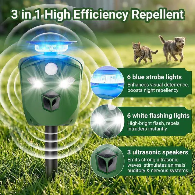 Alt view image 2 of 7 - Solar Ultrasonic Animal Repellent for Garden & Yard, 360° Motion-Activated Deer Repellent Device with Flashing Lights, Safe Outdoor Deterrent for Deer, Raccoons, Rabbits, Squirrels, Cats & More