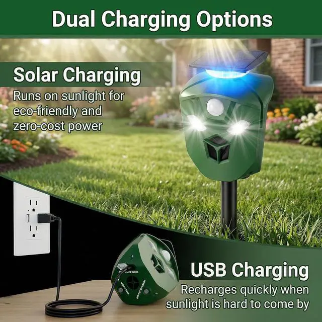 Alt view image 3 of 7 - Solar Ultrasonic Animal Repellent for Garden & Yard, 360° Motion-Activated Deer Repellent Device with Flashing Lights, Safe Outdoor Deterrent for Deer, Raccoons, Rabbits, Squirrels, Cats & More