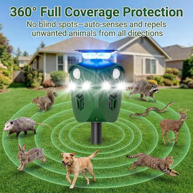 Alt view image 6 of 7 - Solar Ultrasonic Animal Repellent for Garden & Yard, 360° Motion-Activated Deer Repellent Device with Flashing Lights, Safe Outdoor Deterrent for Deer, Raccoons, Rabbits, Squirrels, Cats & More