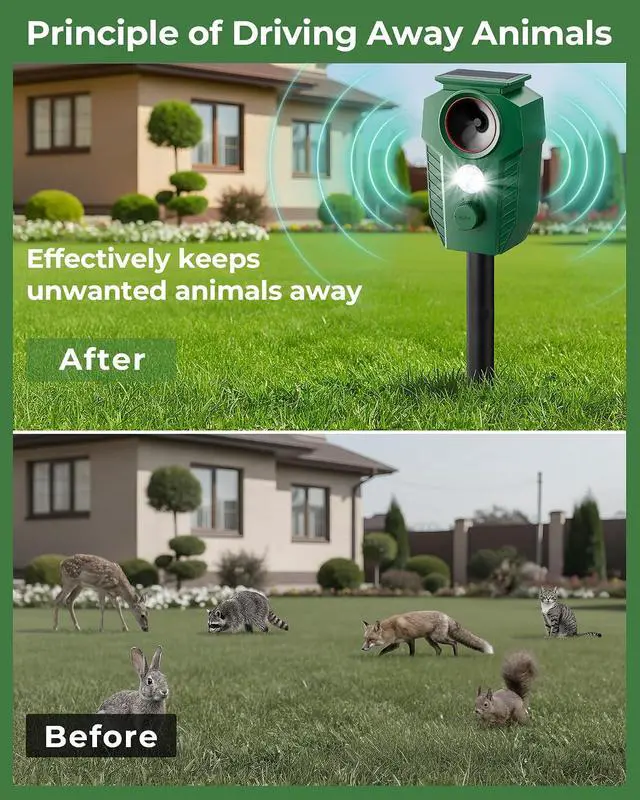 Alt view image 3 of 7 - Solar Ultrasonic Deer Repellent 4-Pack, Motion Sensor, Waterproof Outdoor | Motion-Activated Ultrasonic Protection. Solar Powered with Flashing LED Lights. Helps Deter Deer, Cats & Other Wildlife.