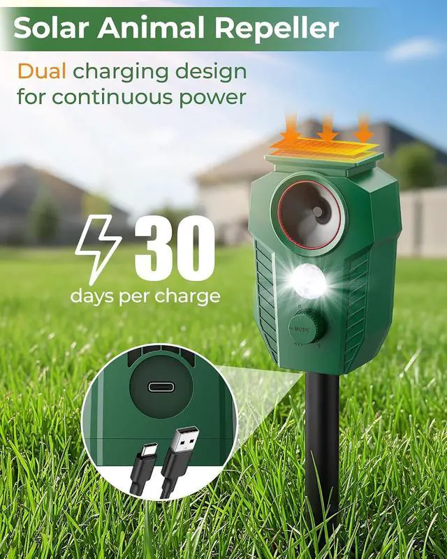 Alt view image 4 of 7 - Solar Ultrasonic Deer Repellent 4-Pack, Motion Sensor, Waterproof Outdoor | Motion-Activated Ultrasonic Protection. Solar Powered with Flashing LED Lights. Helps Deter Deer, Cats & Other Wildlife.