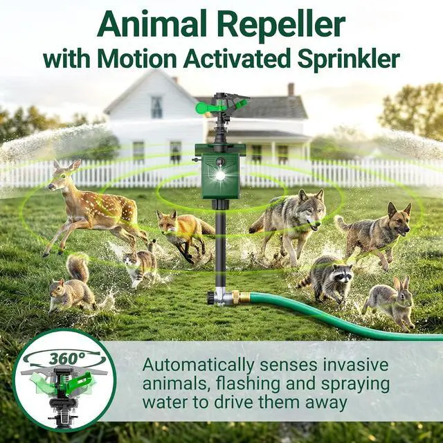 Alt view image 4 of 7 - Motion Activated Animal Repeller with Water Sprinkler, Deer Repellent Devices Solar Powered, IP65 Waterproof Cat Repellent Outdoor with Flashing Light, Deter Deer Foxes Skunks Raccoons from Garden