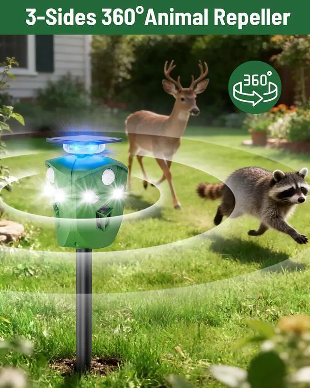 Alt view image 2 of 7 - 360° Solar Animal Repellent for Yard & Garden No Blind Spot Motion Sensor to Keep Deer, Raccoons & Cats Away, Waterproof Ultrasonic & Flashing Light Outdoor Deer Repellent Device