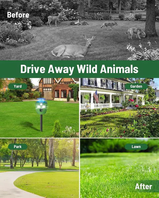 Alt view image 7 of 7 - 360° Solar Animal Repellent for Yard & Garden No Blind Spot Motion Sensor to Keep Deer, Raccoons & Cats Away, Waterproof Ultrasonic & Flashing Light Outdoor Deer Repellent Device