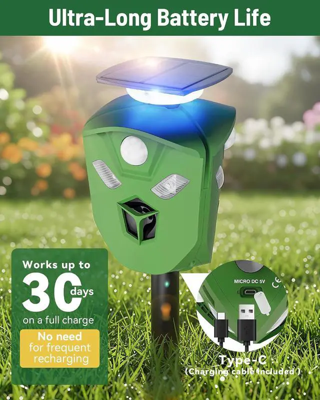 Alt view image 5 of 7 - 360° Solar Animal Repellent for Yard & Garden No Blind Spot Motion Sensor to Keep Deer, Raccoons & Cats Away, Waterproof Ultrasonic & Flashing Light Outdoor Deer Repellent Device