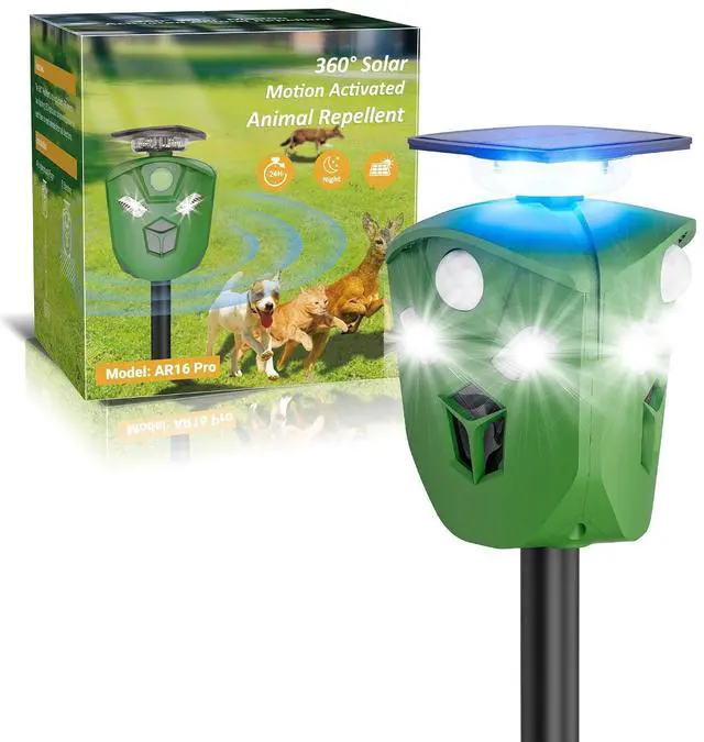 Main image of 360° Solar Deer Repellent Device for Yard & Garden No Blind Spot Motion Sensor to Keep Deer, Raccoons & Cats Away, Waterproof Ultrasonic & Flashing Light Outdoor Animal Repellent