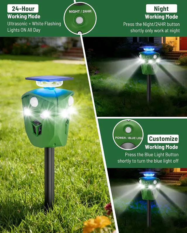 Alt view image 4 of 7 - 360° Solar Animal Repellent for Yard & Garden No Blind Spot Motion Sensor to Keep Deer, Raccoons & Cats Away, Waterproof Ultrasonic & Flashing Light Outdoor Deer Repellent Device