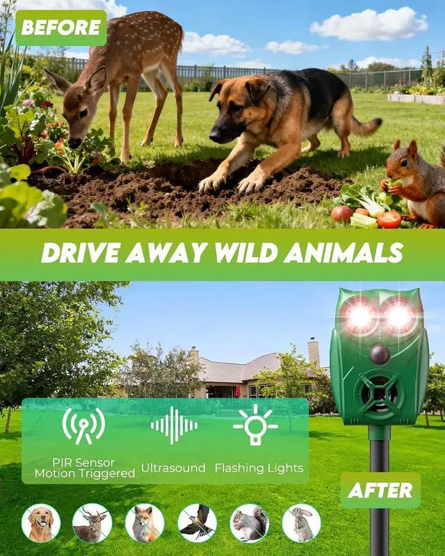 Alt view image 7 of 7 - Solar Animal Repellent Ultrasonic Deer Deterrent, Waterproof Adjustable Large Solar Panel with Power Indicator, Motion Sensor & Outdoor Animal Repeller to Deter Cat, Coyote (2, Green and Black)