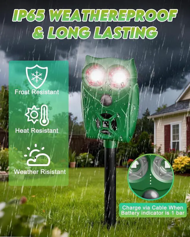 Alt view image 4 of 7 - Solar Animal Repellent Ultrasonic Deer Deterrent - 2 Pack Waterproof Adjustable Large Solar Panel with Power Indicator, Motion Sensor & Outdoor Animal Repeller to Deter Cat, Coyote, Raccoon