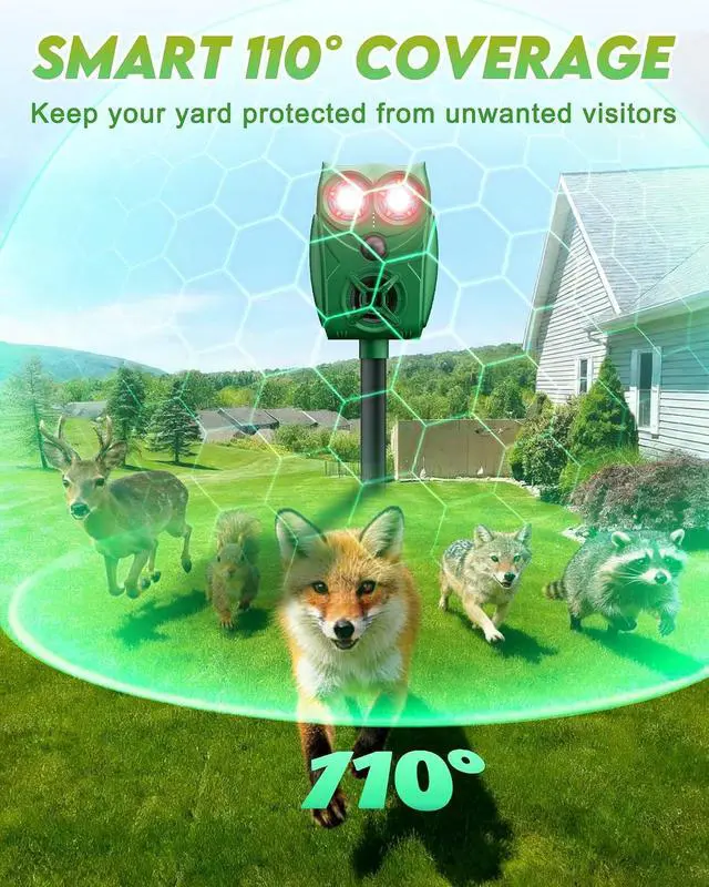 Alt view image 5 of 7 - Solar Animal Repellent Ultrasonic Deer Deterrent - 2 Pack Waterproof Adjustable Large Solar Panel with Power Indicator, Motion Sensor & Outdoor Animal Repeller to Deter Cat, Coyote, Raccoon