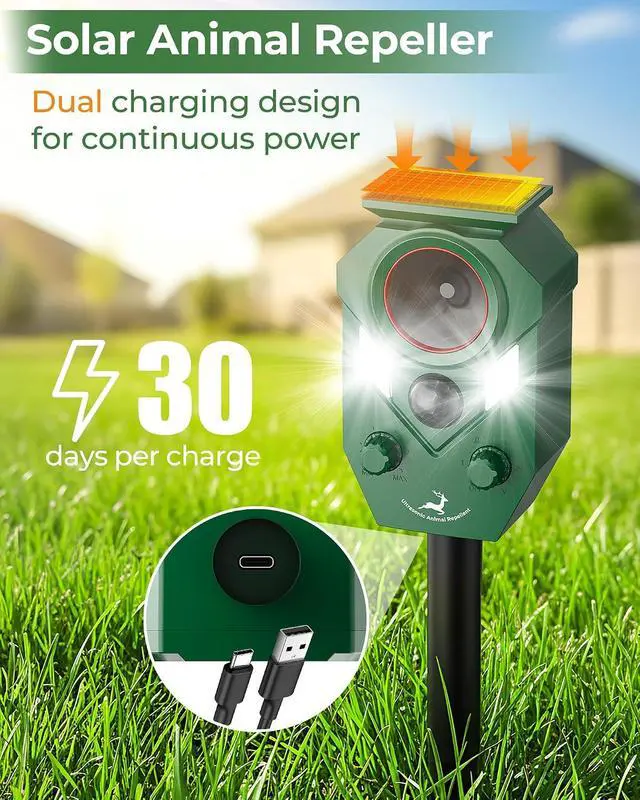 Alt view image 2 of 7 - Solar Deer Repellent Devices Outdoor - Ultrasonic Animal Repellent with Motion Sensor & Strobe Light, Waterproof Animals Deterrent for Yard Garden Farm to Repel Cats, Coyote, Squirrels