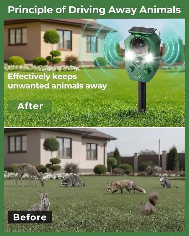 Alt view image 5 of 7 - Solar Deer Repellent Devices Outdoor - Ultrasonic Animal Repellent with Motion Sensor & Strobe Light, Waterproof Animals Deterrent for Yard Garden Farm to Repel Cats, Coyote, Squirrels