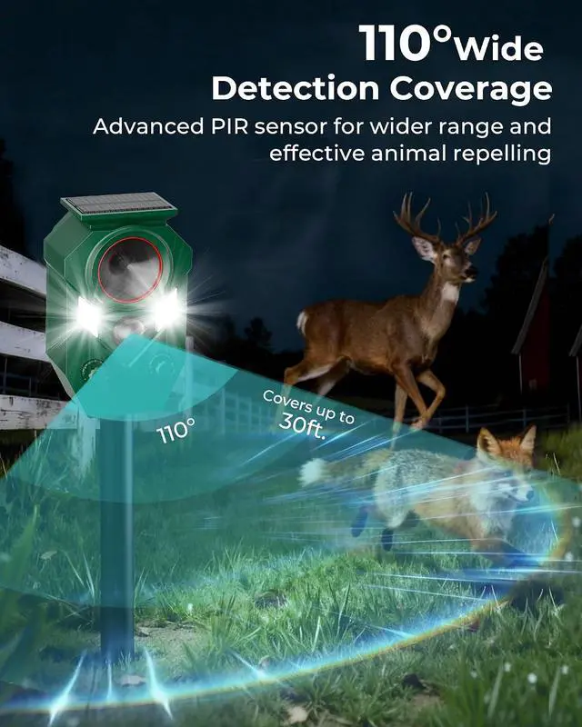 Alt view image 7 of 7 - Solar Deer Repellent Devices Outdoor - Ultrasonic Animal Repellent with Motion Sensor & Strobe Light, Waterproof Animals Deterrent for Yard Garden Farm to Repel Cats, Coyote, Squirrels