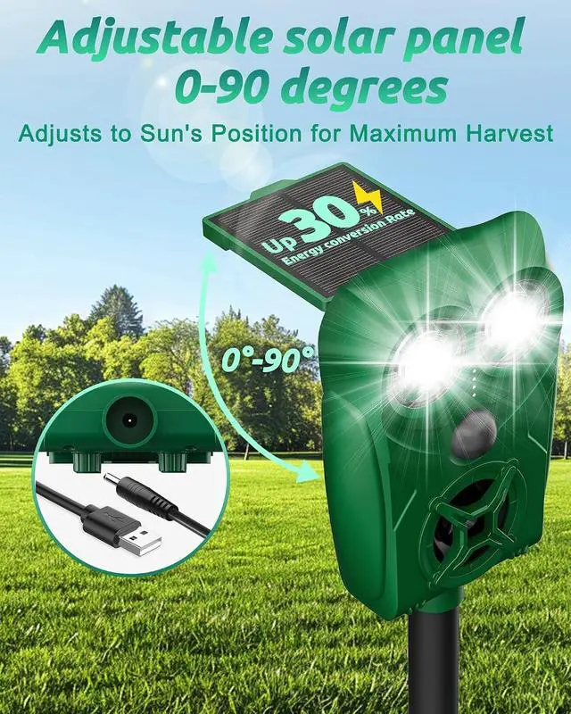 Alt view image 3 of 7 - Solar Animal Repellent Ultrasonic Deer Deterrent - 2 Pack Waterproof Adjustable Large Solar Panel with Power Indicator, Motion Sensor & Outdoor Animal Repeller to Deter Cat, Coyote, Raccoon