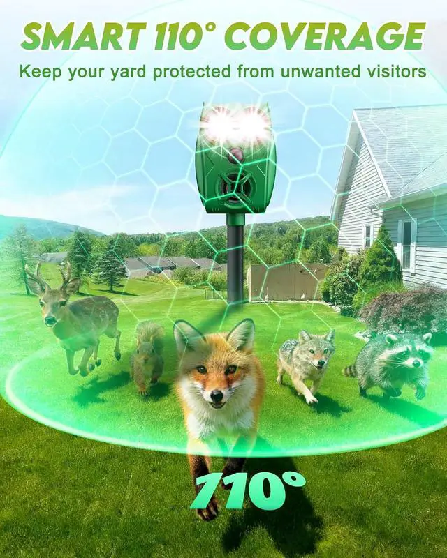 Alt view image 6 of 7 - Solar Animal Repellent Ultrasonic Deer Deterrent - 2 Pack Waterproof Adjustable Large Solar Panel with Power Indicator, Motion Sensor & Outdoor Animal Repeller to Deter Cat, Coyote, Raccoon