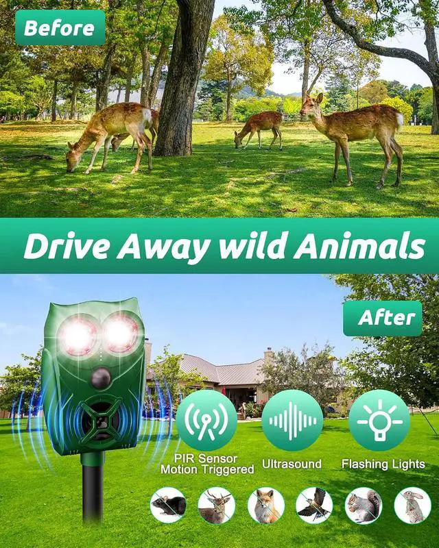 Alt view image 7 of 7 - Solar Animal Repellent Ultrasonic Deer Deterrent - 2 Pack Waterproof Adjustable Large Solar Panel with Power Indicator, Motion Sensor & Outdoor Animal Repeller to Deter Cat, Coyote, Raccoon