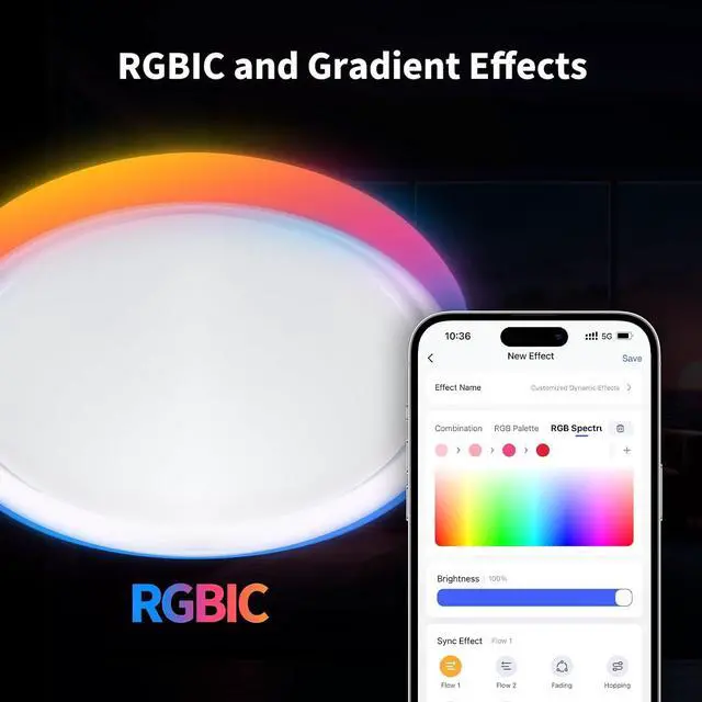 Alt view image 4 of 6 - LED Ceiling Light T1M, Matter Over Bridge, Requires Zigbee 3.0 HUB | RGB+IC with Gradient Effects and 16 Million Colors, 40W 3450lm, 2700-6500K Tunable White, Supports HomeKit Alexa and IFTTT