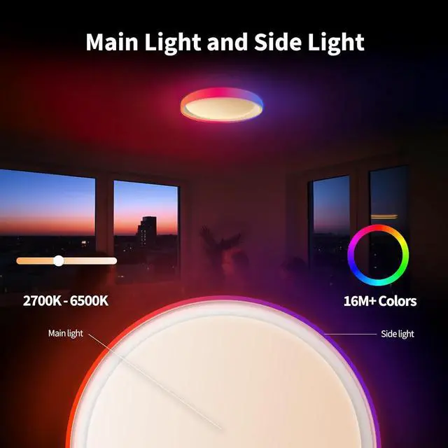 Alt view image 3 of 6 - LED Ceiling Light T1M, Matter Over Bridge, Requires Zigbee 3.0 HUB | RGB+IC with Gradient Effects and 16 Million Colors, 40W 3450lm, 2700-6500K Tunable White, Supports HomeKit Alexa and IFTTT
