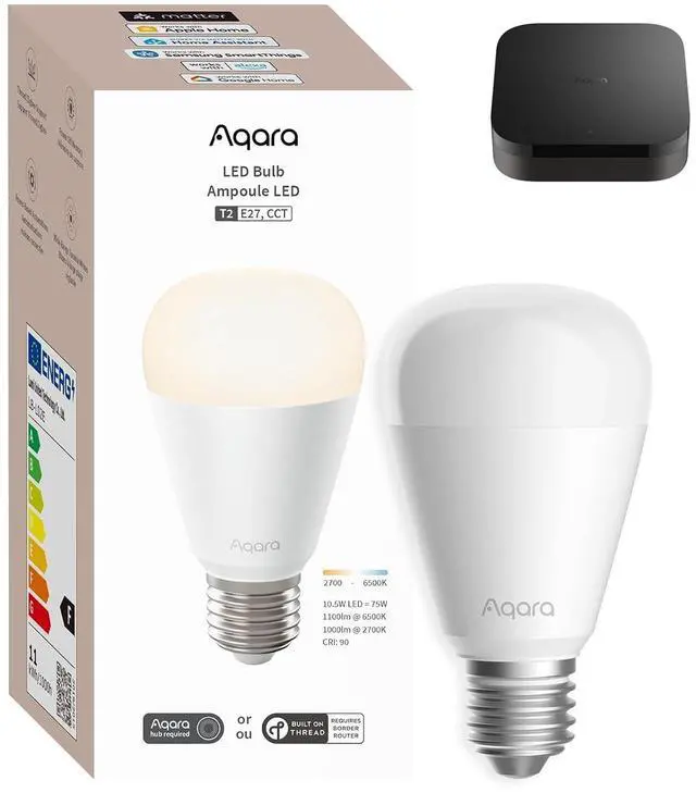 Main image of Thread/Zigbee Smart LED Light Bulb T2 E26 with M3 Hub,Tunable White (2700K-6500K), 75W Equivalent,Works with HomeKit,Alexa,Google Home
