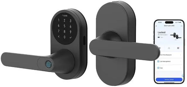 Main image of Smart Lock with Handle U300, Apple Home Key, Smart Lever Lock, Black | Matter Over Thread, Fingerprint Keyless Entry Door Lock, Touchscreen Keypad, Supports HomeKit, Alexa, Google