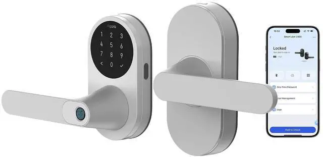 Main image of Smart Lock with Handle U300, Apple Home Key, Smart Lever Lock, Silver | Matter Over Thread, Fingerprint Keyless Entry Door Lock, Touchscreen Keypad, Supports HomeKit, Alexa, Google