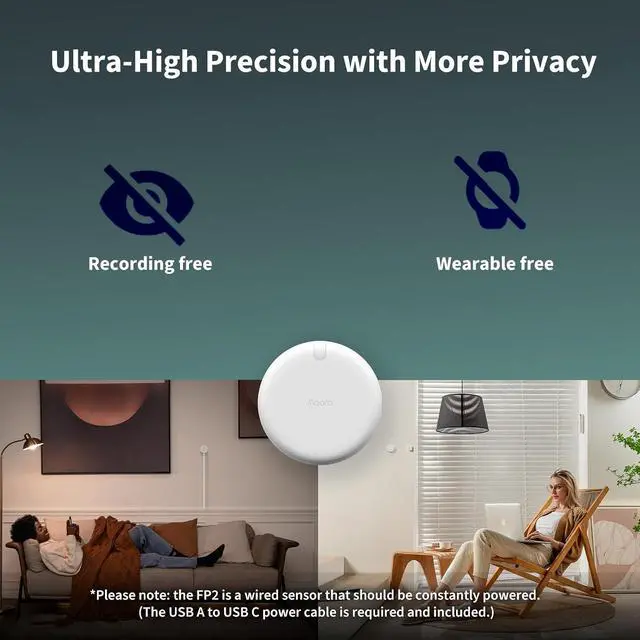 Alt view image 6 of 7 - Presence Sensor FP2, mmWave Radar Wired Smart Motion Sensor | 2.4 GHz Wi-Fi Required, Zone Positioning, Multi-Person & Fall Detection, Supports HomeKit, Alexa, Google Home, Home Assistant