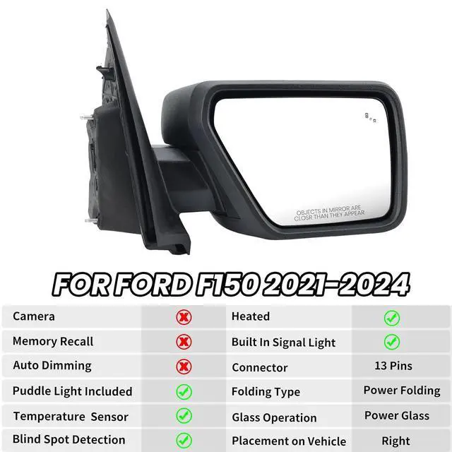 Alt view image 2 of 7 - Passenger Side Door Mirror Compatible With 2021-2025 Ford F150 Mirror with Turn Signal Puddle Light Blind Spot Temperature Sensors Heated Power Glass Manual Folding,Matte Black(13Pins)