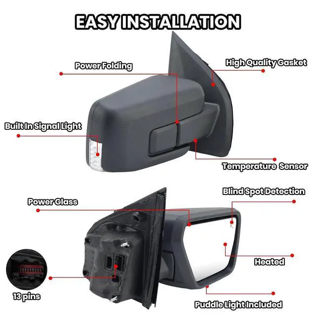 Alt view image 3 of 7 - Passenger Side Door Mirror Compatible With 2021-2025 Ford F150 Mirror with Turn Signal Puddle Light Blind Spot Temperature Sensors Heated Power Glass Manual Folding,Matte Black(13Pins)